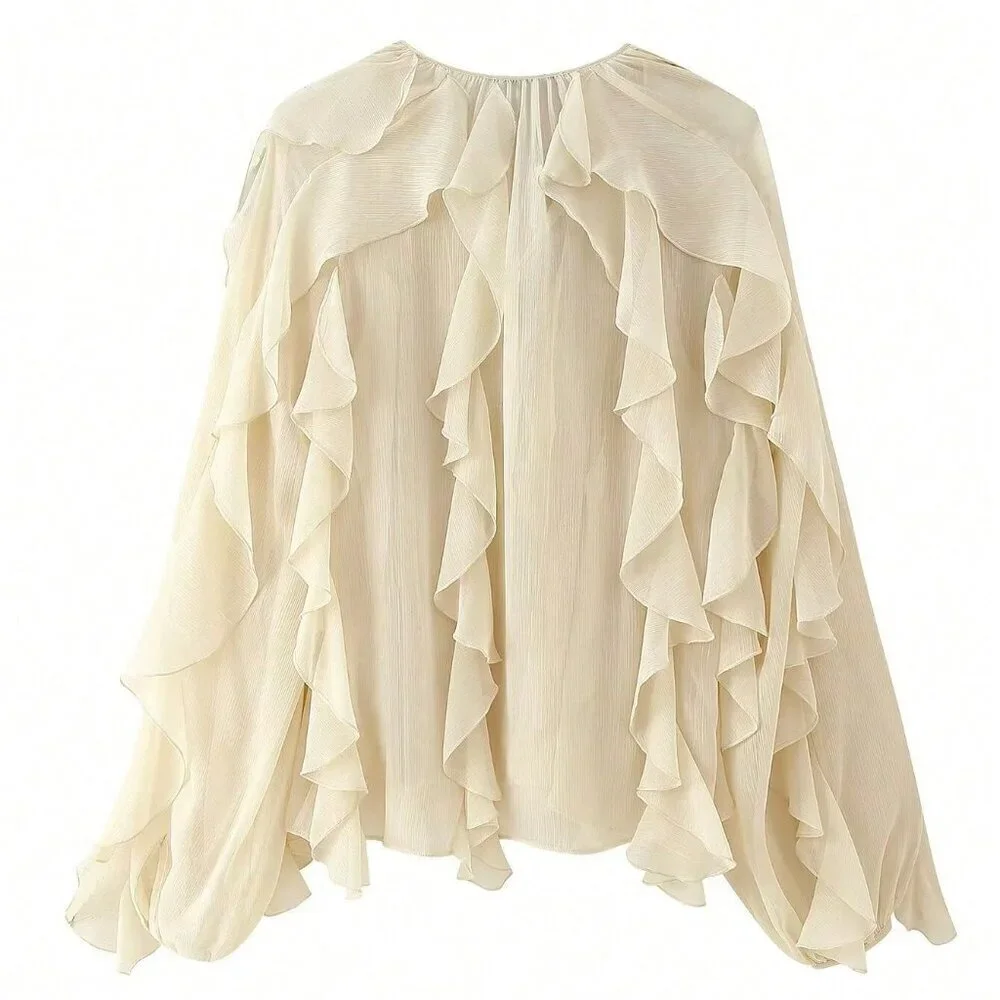 Tan Casual Women's Ruffle Trim Lantern Blouse Shirt - Picture 10 of 10